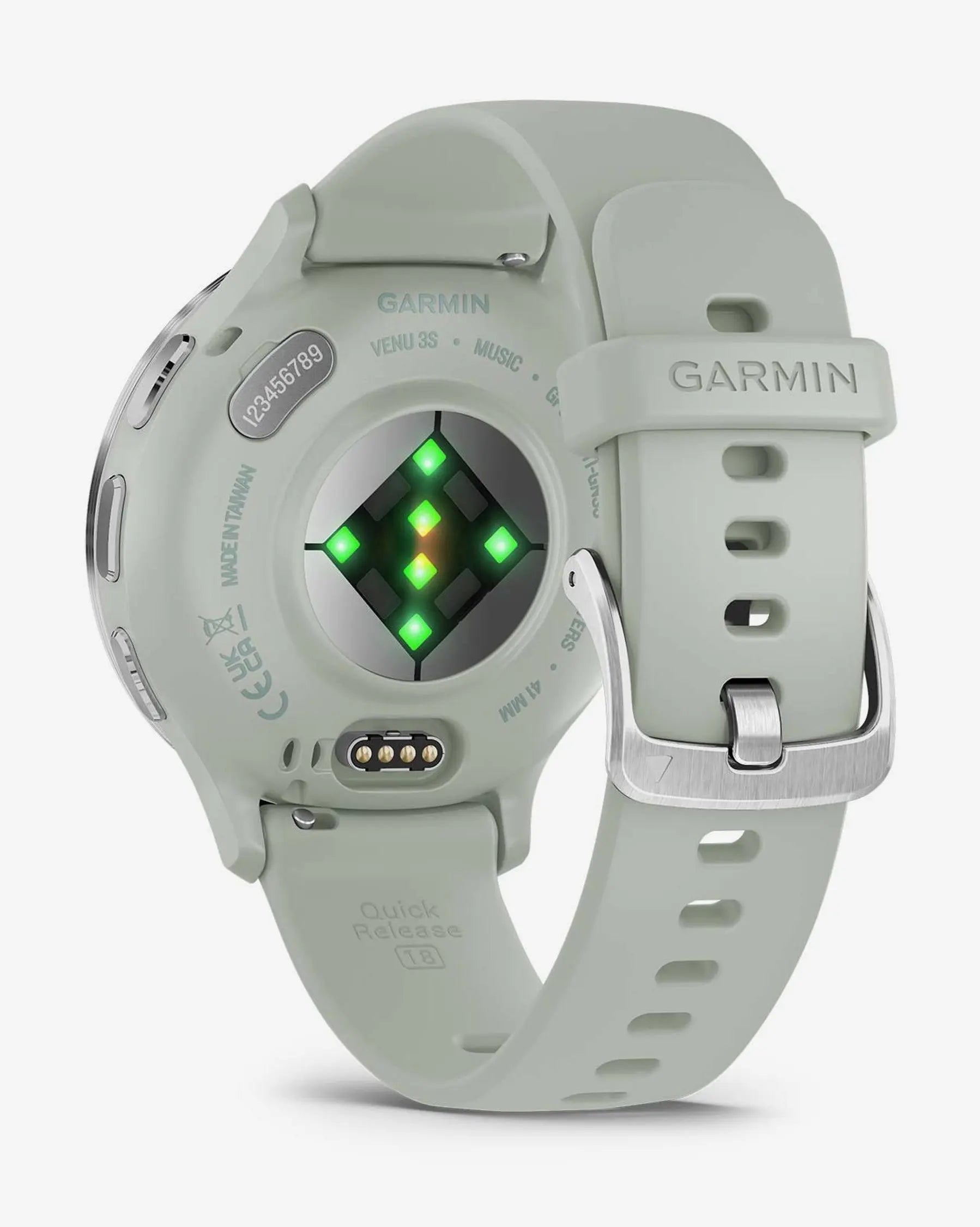 Garmin Venu 3S smartwatch plata con correa silicona verde pálido, llamadas Bluetooth y GPS