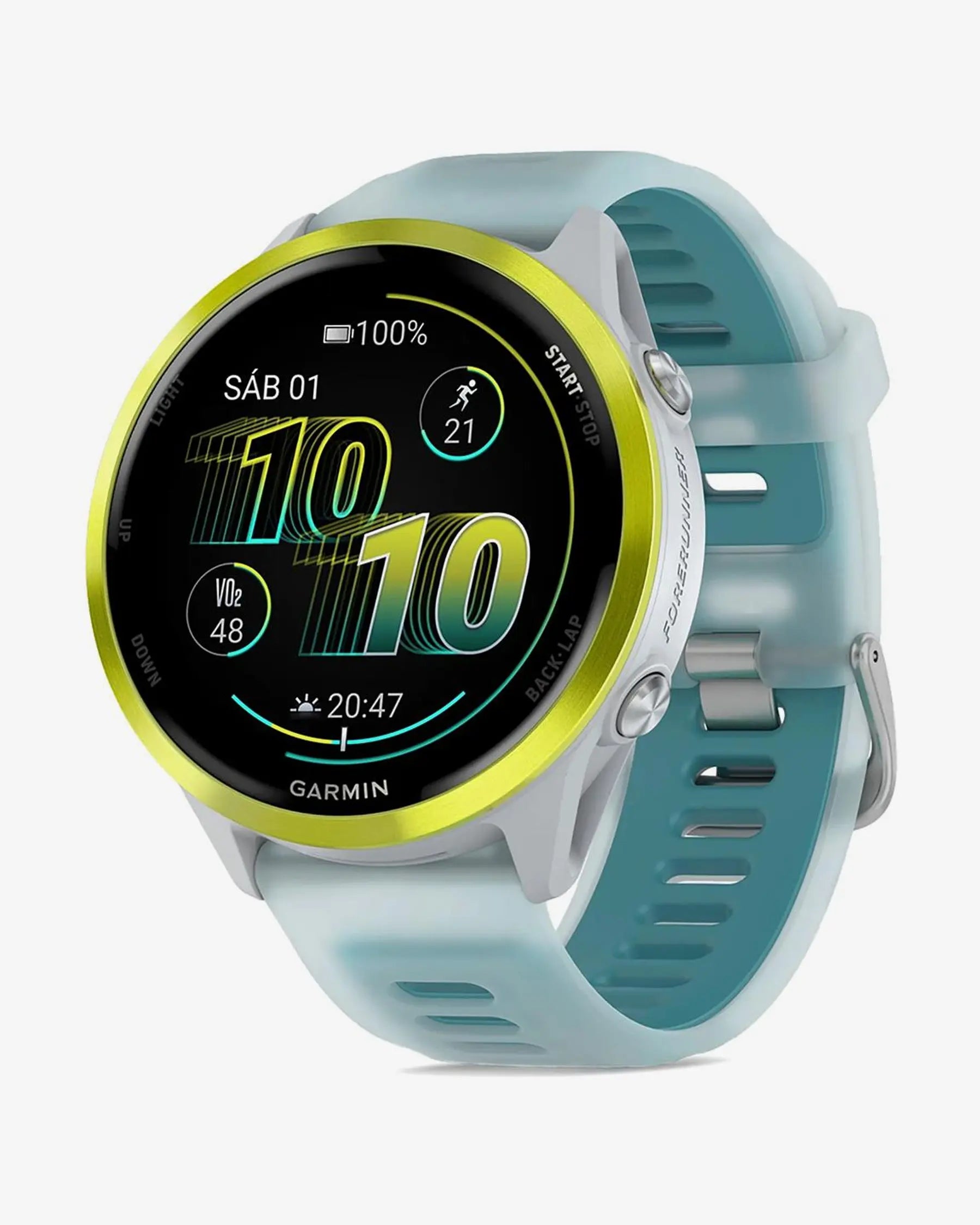 Garmin Forerunner 570 smartwatch GPS 47 mm amarillo con correa azul/blanco, AMOLED, bisel aluminio, Bluetooth Wi‑Fi ANT+