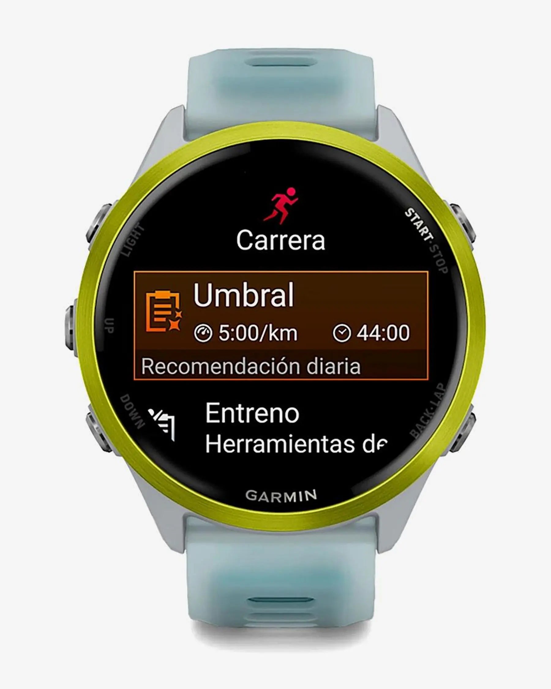 Garmin Forerunner 570 smartwatch GPS 47 mm amarillo con correa azul/blanco, AMOLED, bisel aluminio, Bluetooth Wi‑Fi ANT+