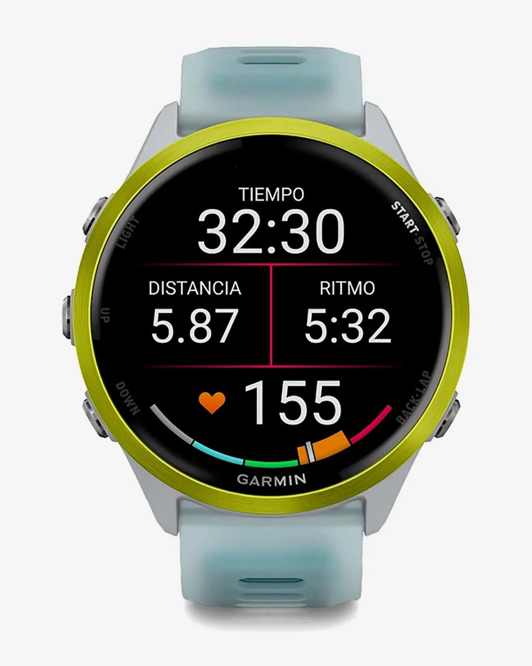Garmin Forerunner 570 smartwatch GPS 47 mm amarillo con correa azul/blanco, AMOLED, bisel aluminio, Bluetooth Wi‑Fi ANT+