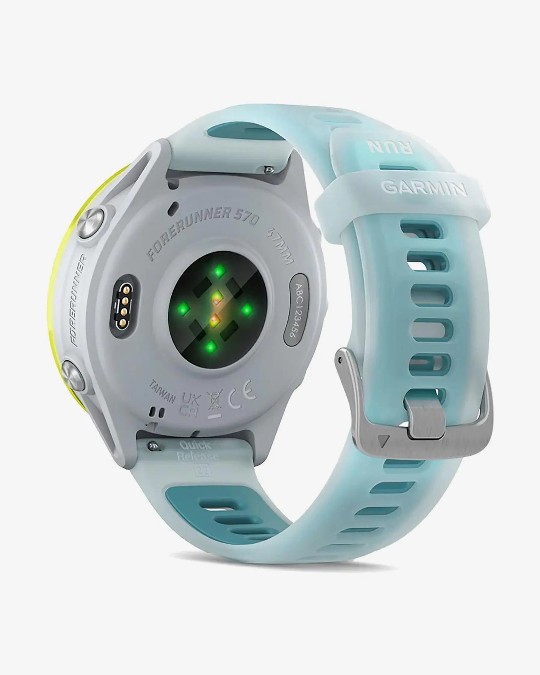 Garmin Forerunner 570 smartwatch GPS 47 mm amarillo con correa azul/blanco, AMOLED, bisel aluminio, Bluetooth Wi‑Fi ANT+